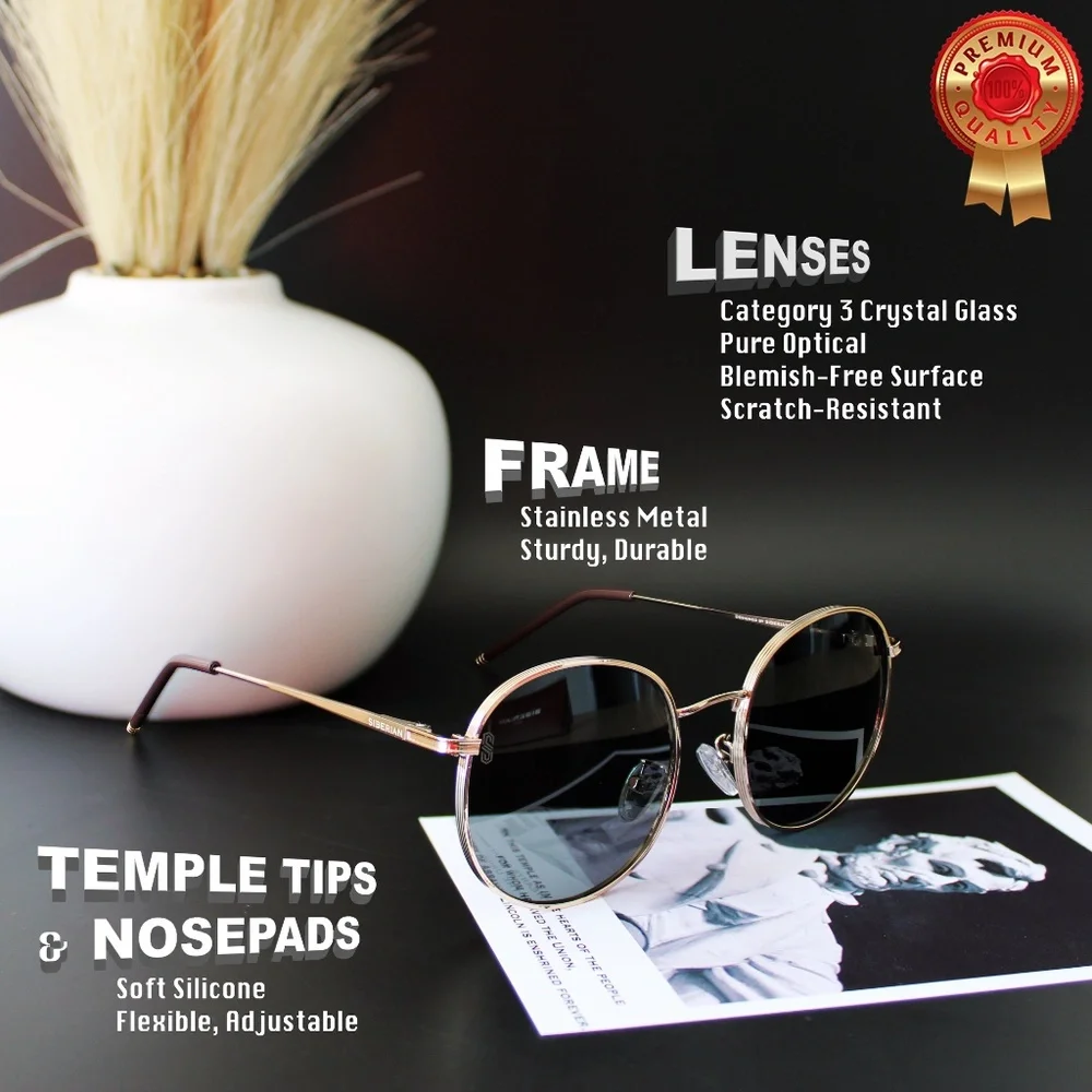 SIBERIAN 100% Real Glass Round Retro Sunglasses Standard 52mm Men/Women Premium